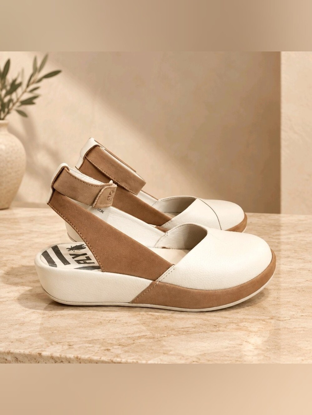 Fly London Cupido Two-Tone Closed-Toe Leather Wedge Sandals